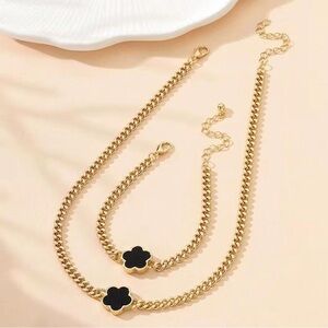 Bohemian gold, plated Cuban Chain‎ Lucky, Clover bracelet Pendant, Necklace Set.